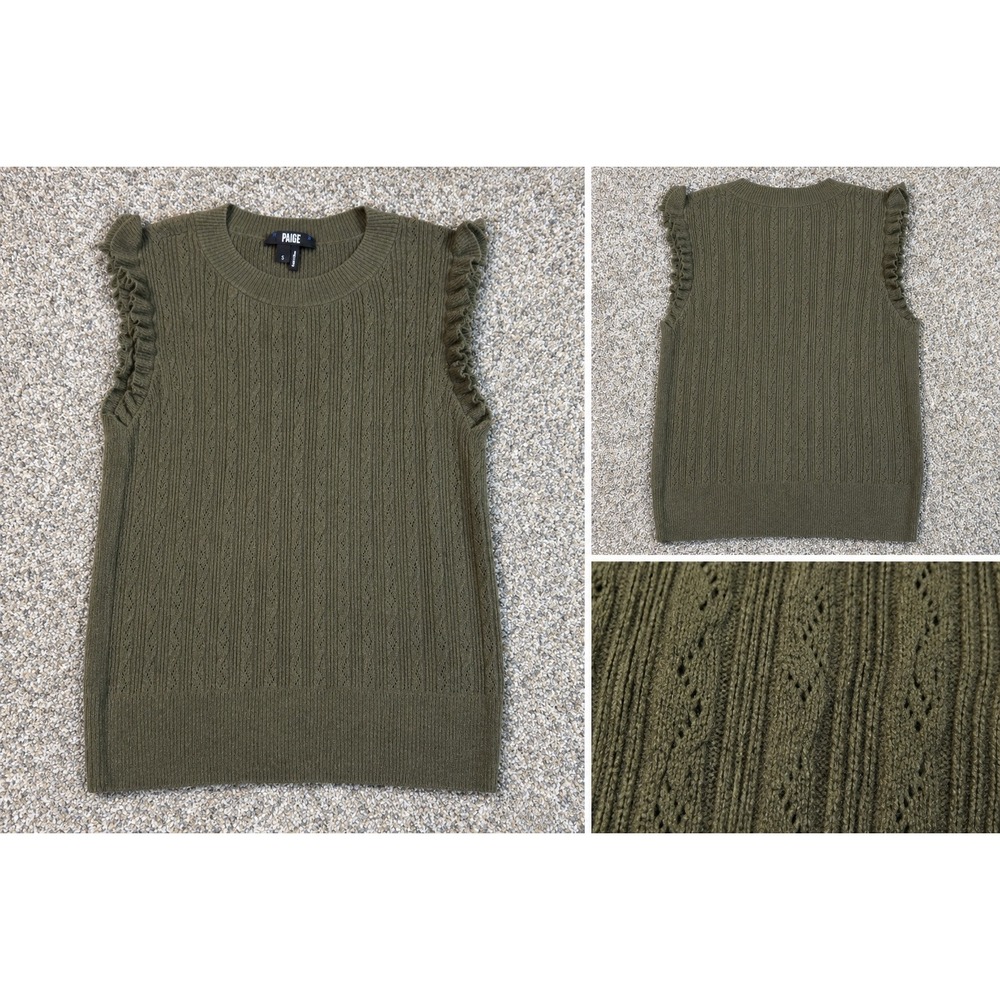 PAIGE Olive Green Pointelle Cable Knit Top Womens S Ruffle Shoulder Silk Blend